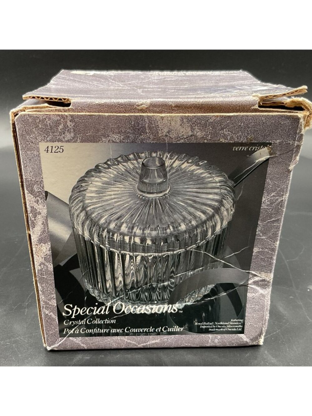 Indiana Glass Crystal Collection Lidded Jam Jar With Spoon Ribbed Design w/ Box